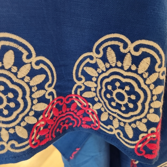 Boden linen cotton wrap blue skirt, embroidered hem, women's 12. - Picture 9 of 10